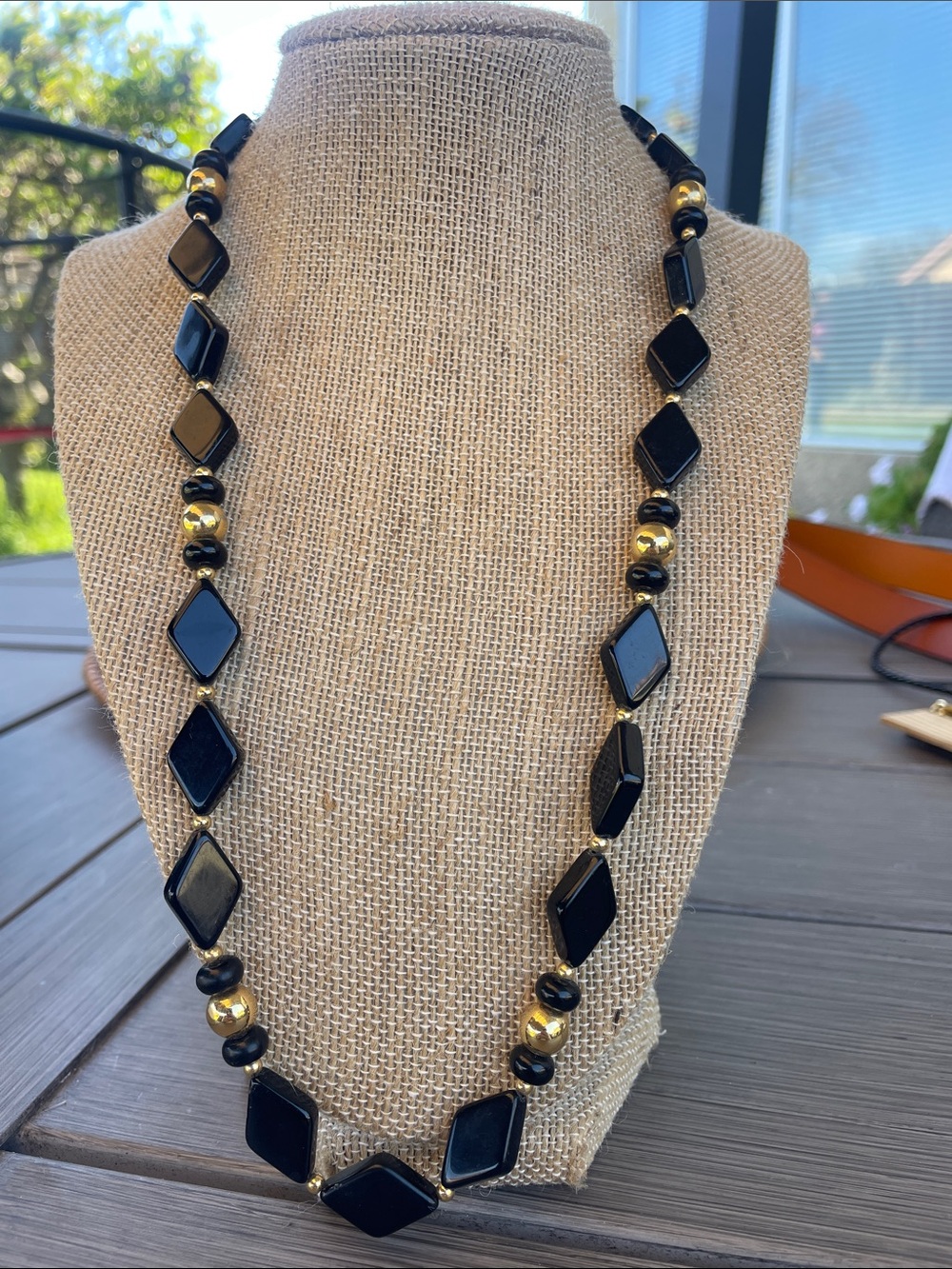 Trifari  Black and Gold Geometric Bead Necklace